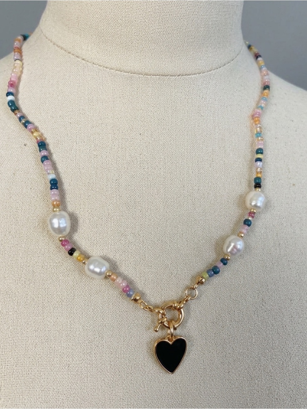 Multicolor Beaded Necklace with faux Pearl bead Accents and Black Heart Pendant